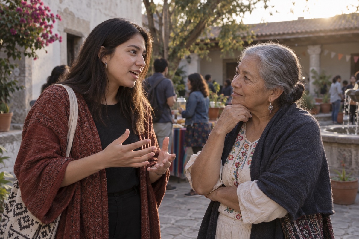 Dos mujeres de distintas generaciones conversando en un patio