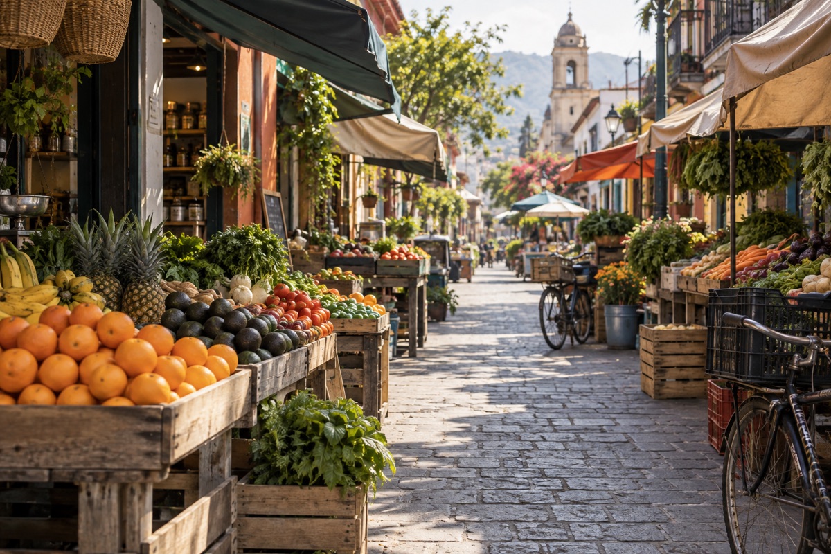 Mercado local activo en un barrio latinoamericano