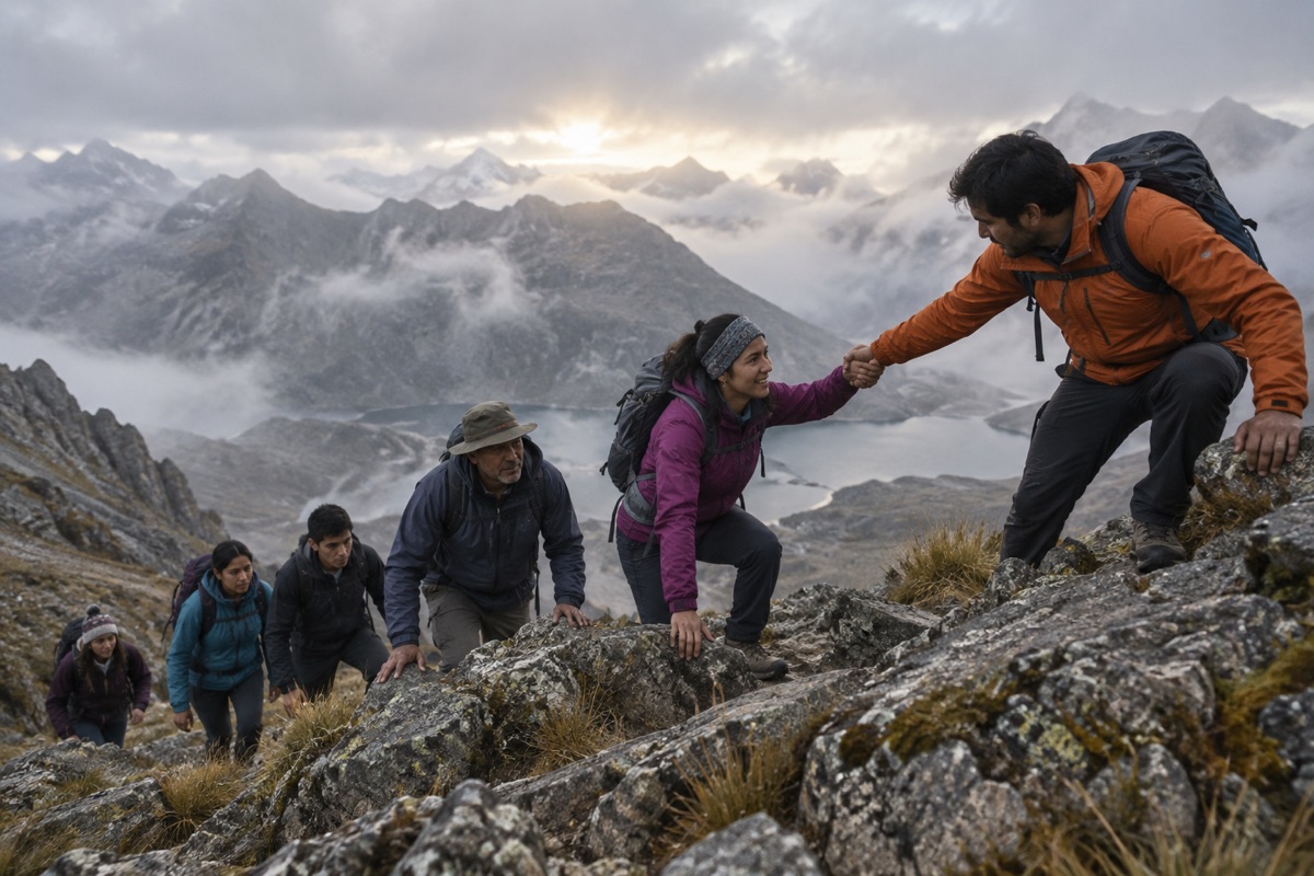 Grupo de excursionistas ayudándose en la montaña