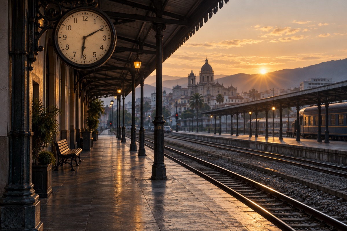 Estación de tren con reloj al amanecer