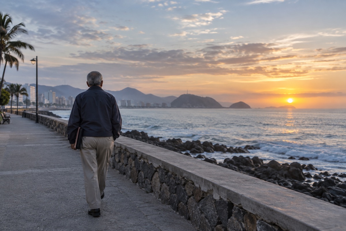 Hombre mayor caminando junto al mar al amanecer