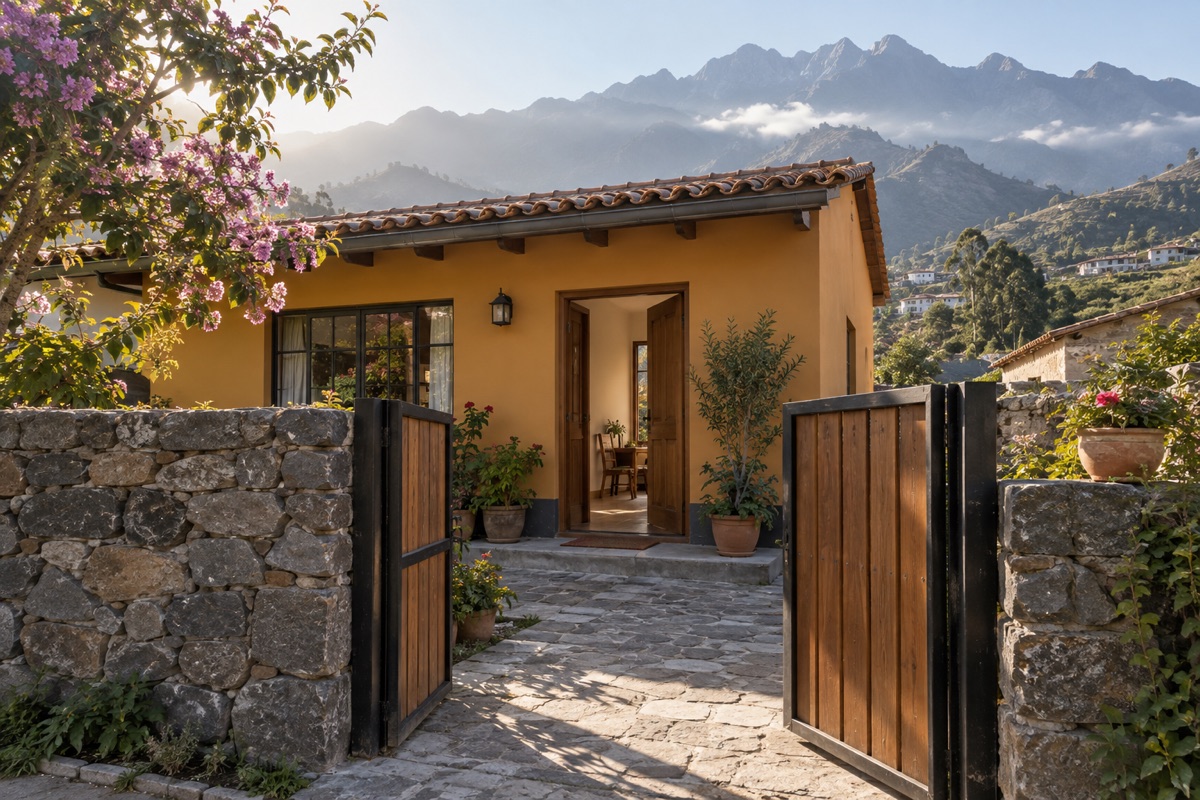 Casa de pueblo con montañas al fondo