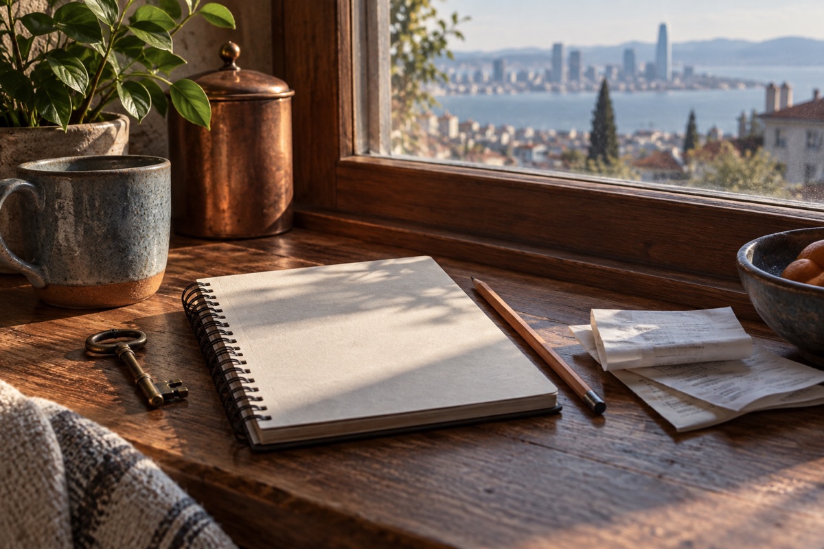 Cuaderno y objetos para planificar gastos junto a una ventana